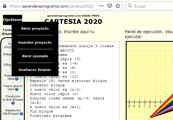 Menú de opciones en la app de programación para niños Didac-Prog Cartesia Menú de opciones en la app de programación para niños Didac-Prog Cartesia